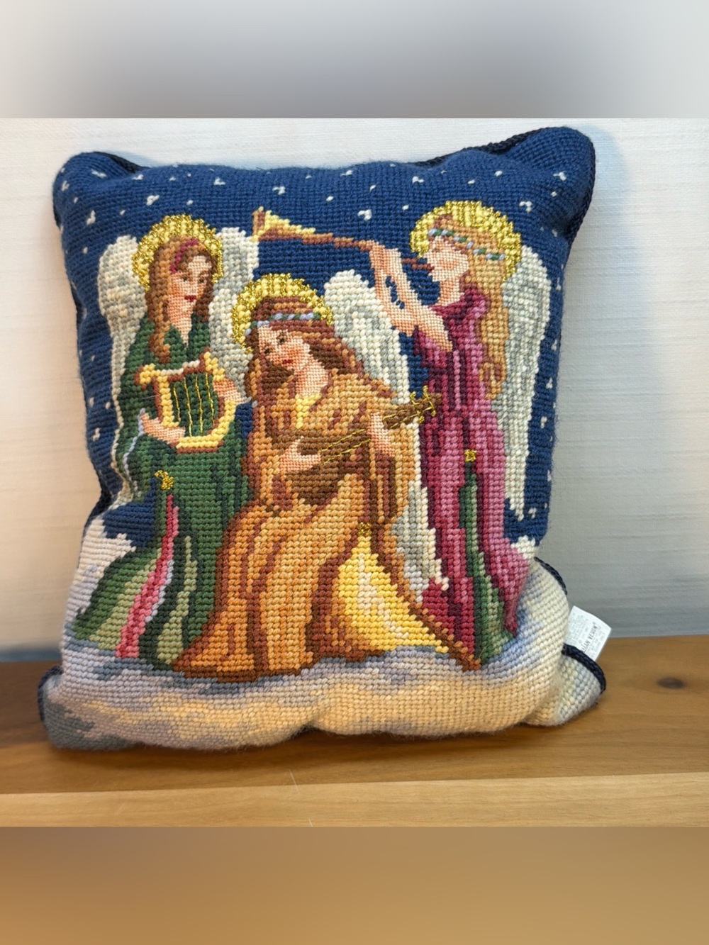 Vintage Wool Needlepoint Trow Pillow Lillian Vernon‎ Blue Velvet ANGELS 1993